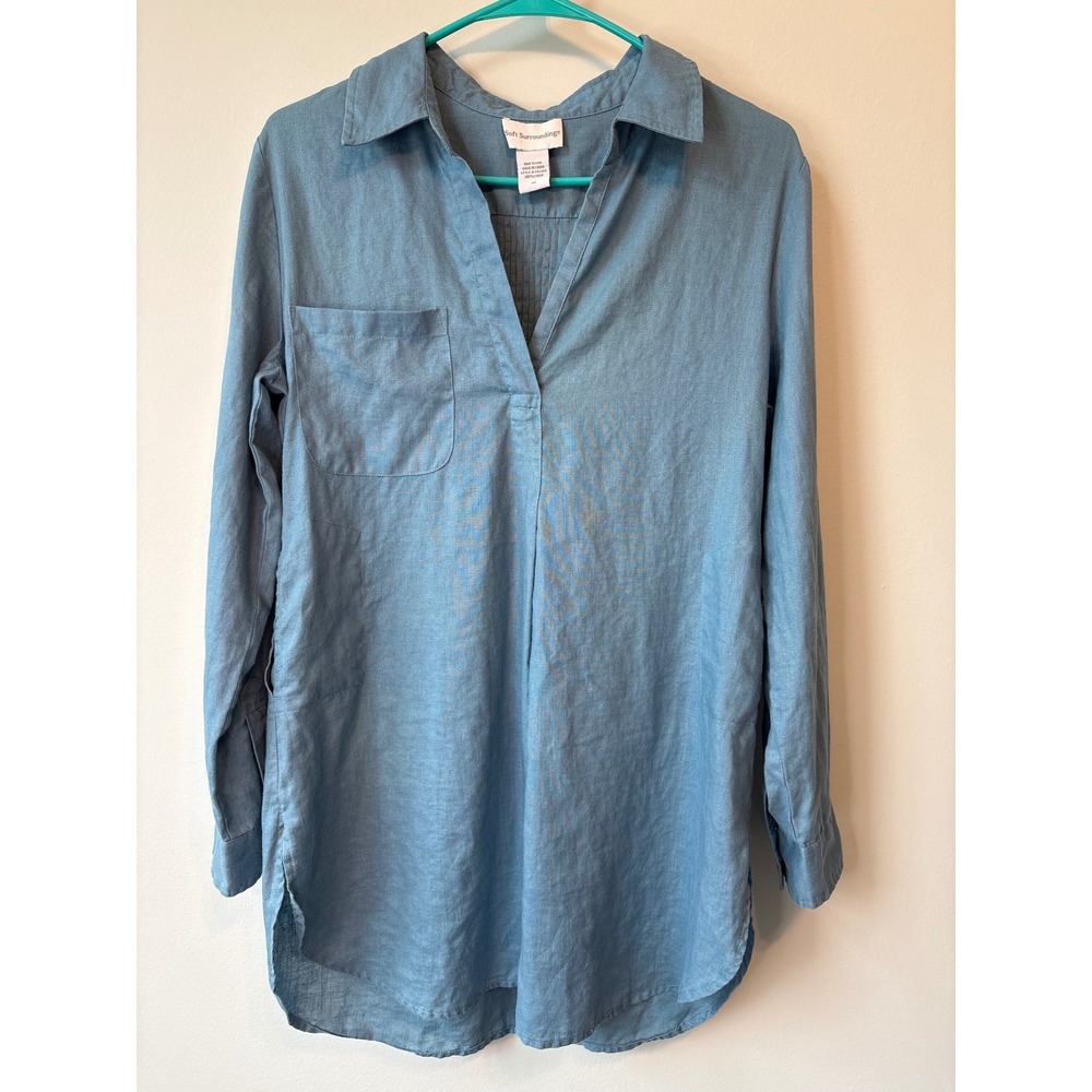 Soft Surroundings Blue 100% Linen Tunic Shirt Long Sleeve‎ V Neck Pocket Size XS